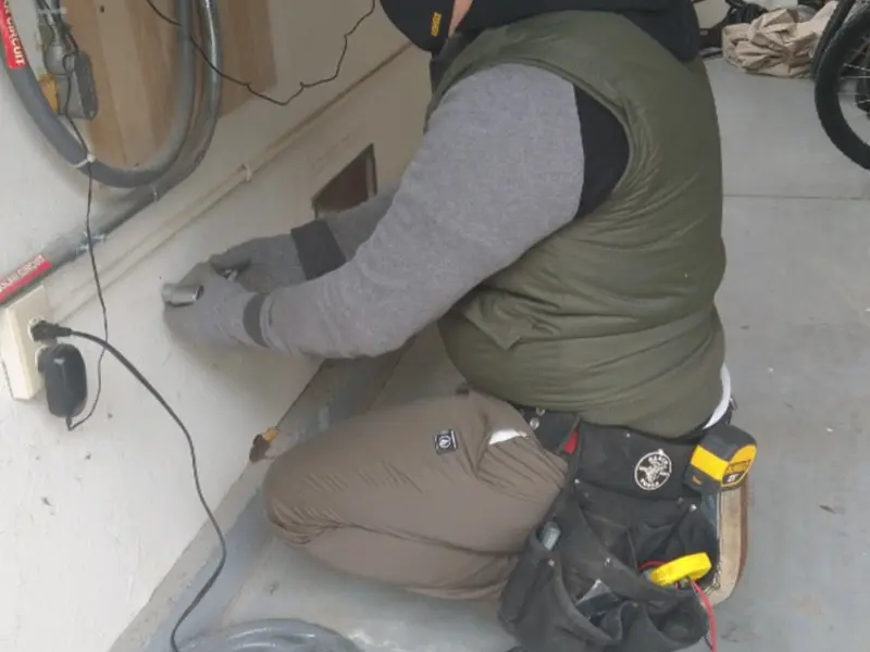 Electrician performing outlet wiring in a Lake Darby garage